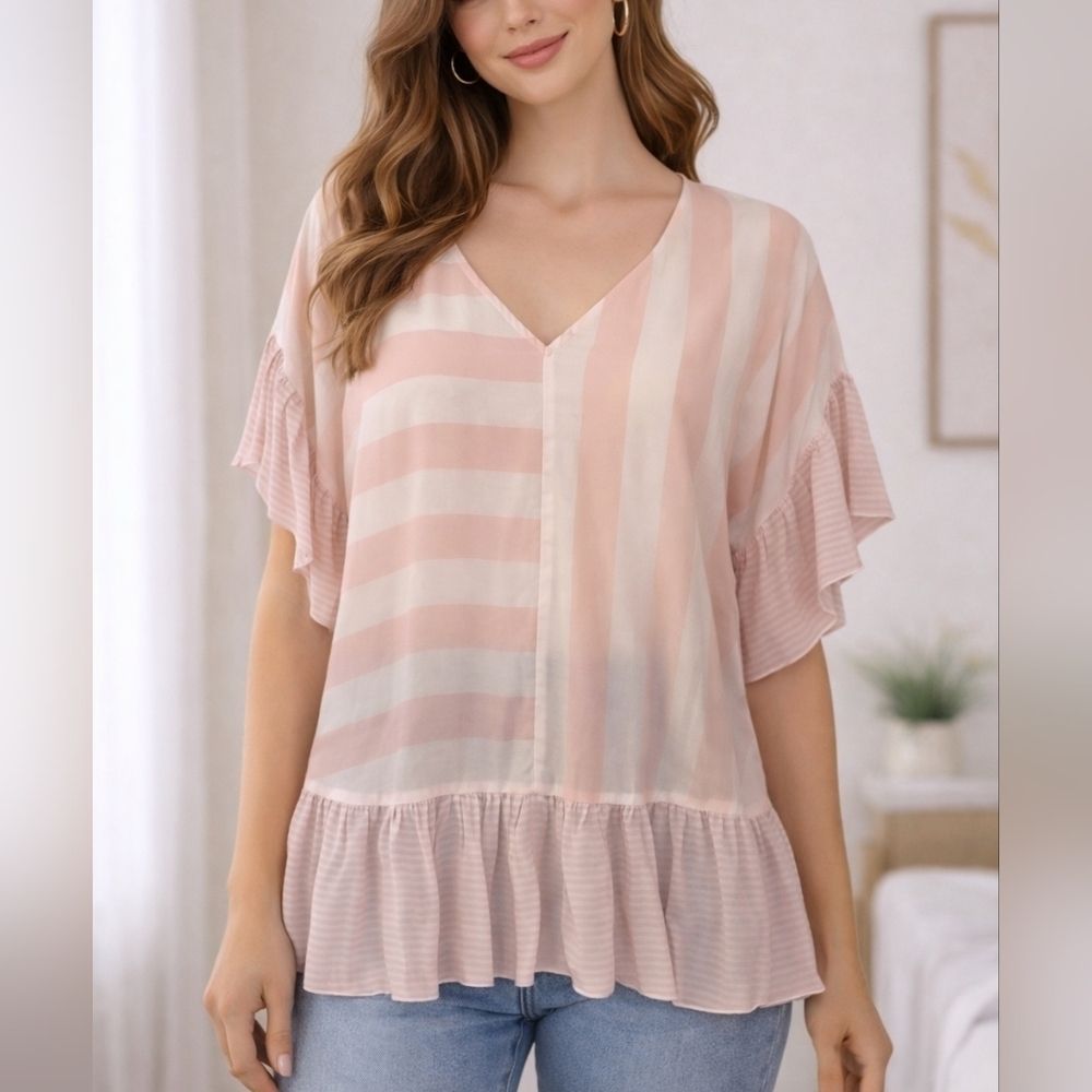 VERSONA Pastel Pink and White Striped Lightweight Oversized V-neck Ruffled Top